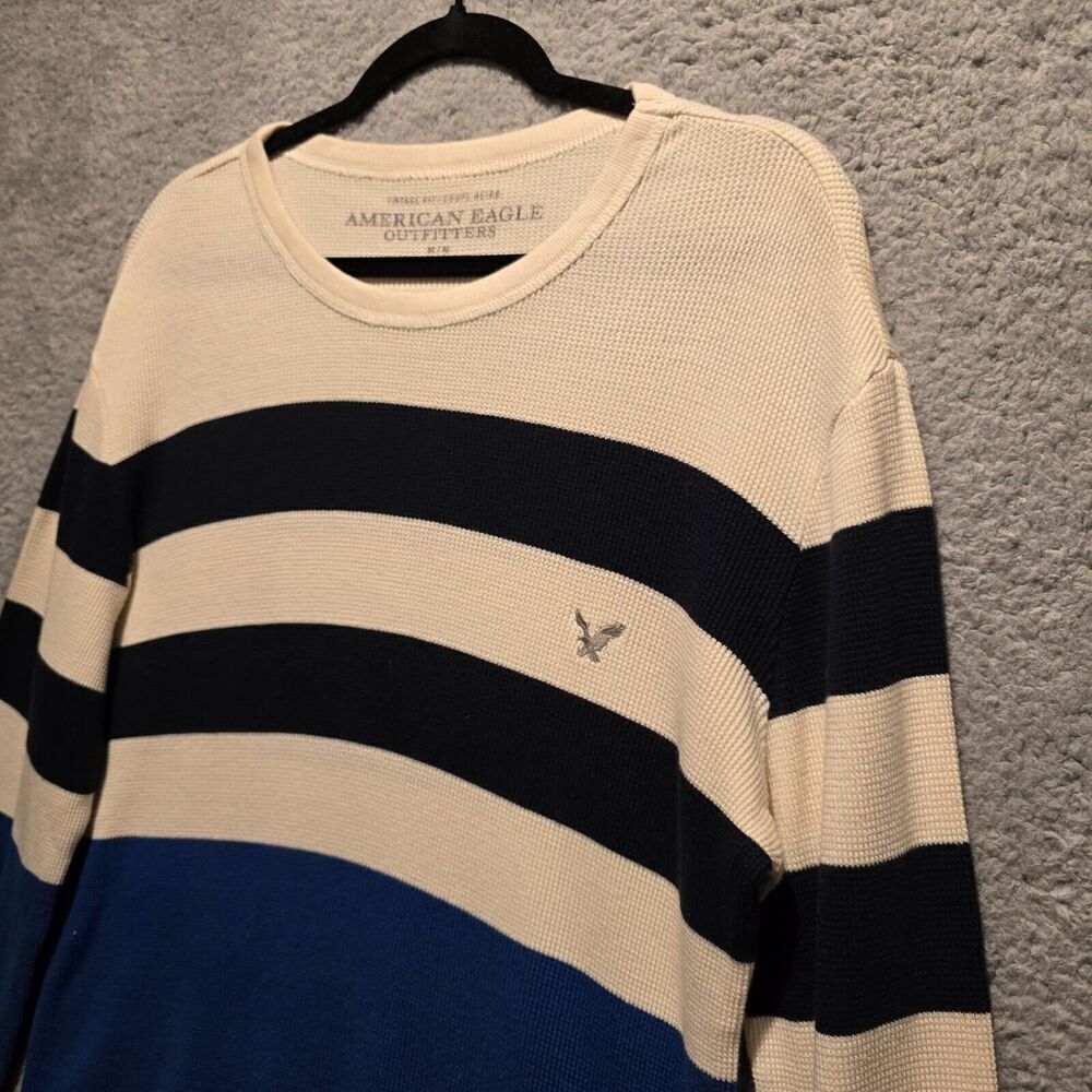 AMERICAN EAGLE Mens Sz M Blue Black White Striped Long Sleeve Knit Sweater - Picture 3 of 6